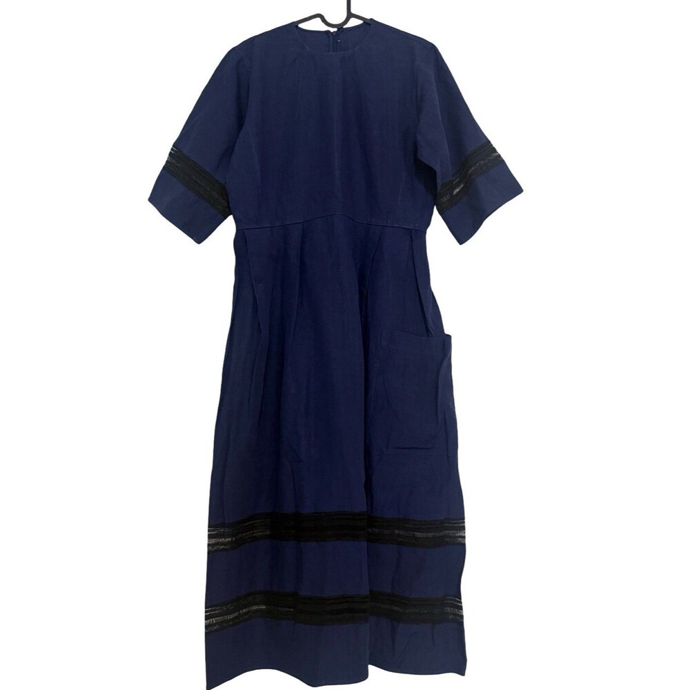 SOFIE D'HOORE $740 Navy Black Lace Detail Linen Long Dress 36 US S 4-6